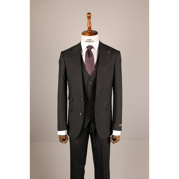 Suit Swallow Collar Slim Fit Black Stylish Design Men's Suit with Woven Vest