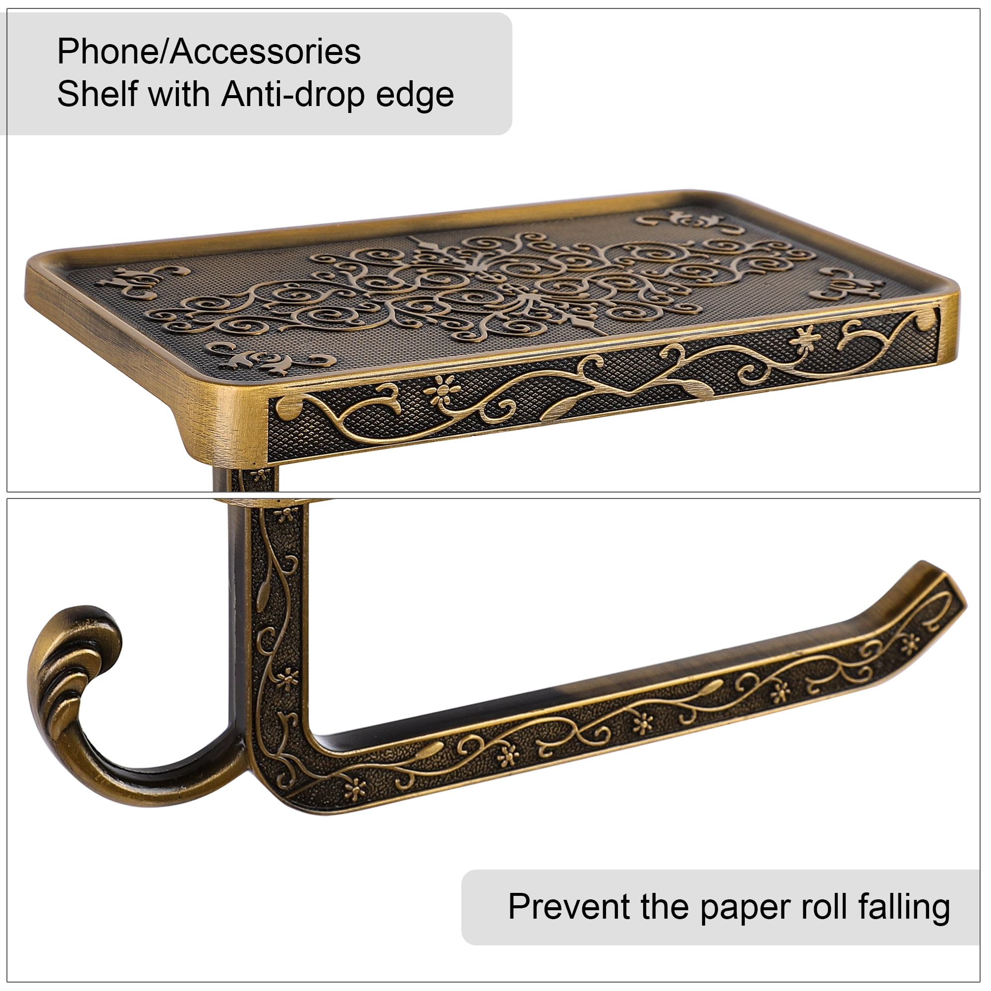 Unique Bargains Toilet Paper Holder with Phone Shelf Aluminum Alloy Holder Copper Tone