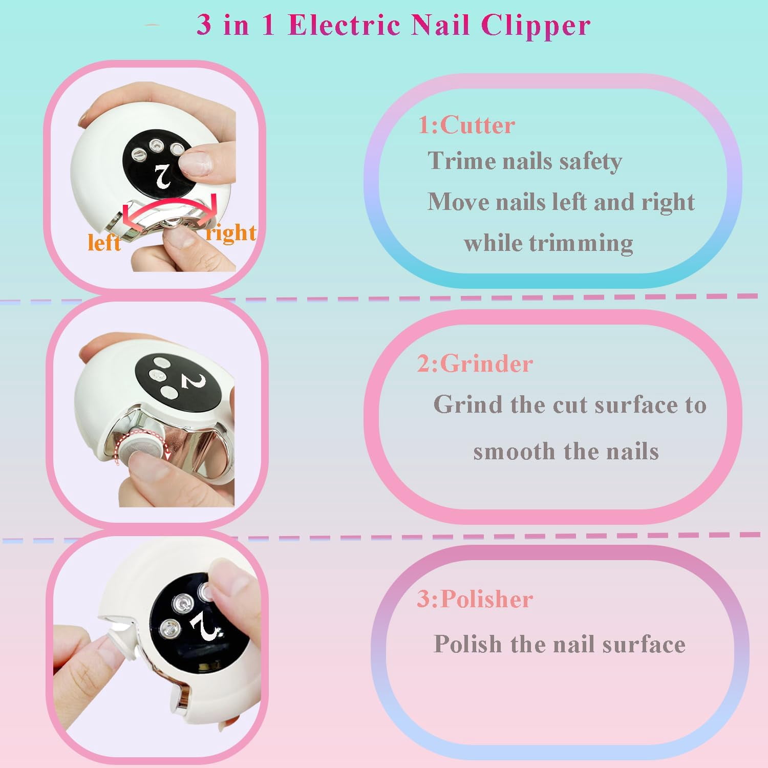 Aorsher 3 in 1 Electric Nail Clipper, Automatic Nail Clipper with Light and 3 Speeds, Scrap Storage Design, Rechargeable Safety Trimmer for Adults and Elderly, Champagne