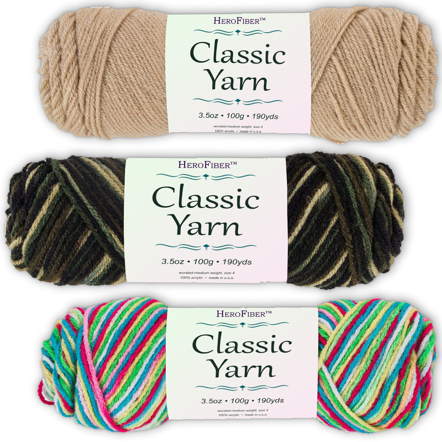 Soft Acrylic Yarn 3Pack, 3.5oz / ball, Brown Tan + Blend Camo + Blend