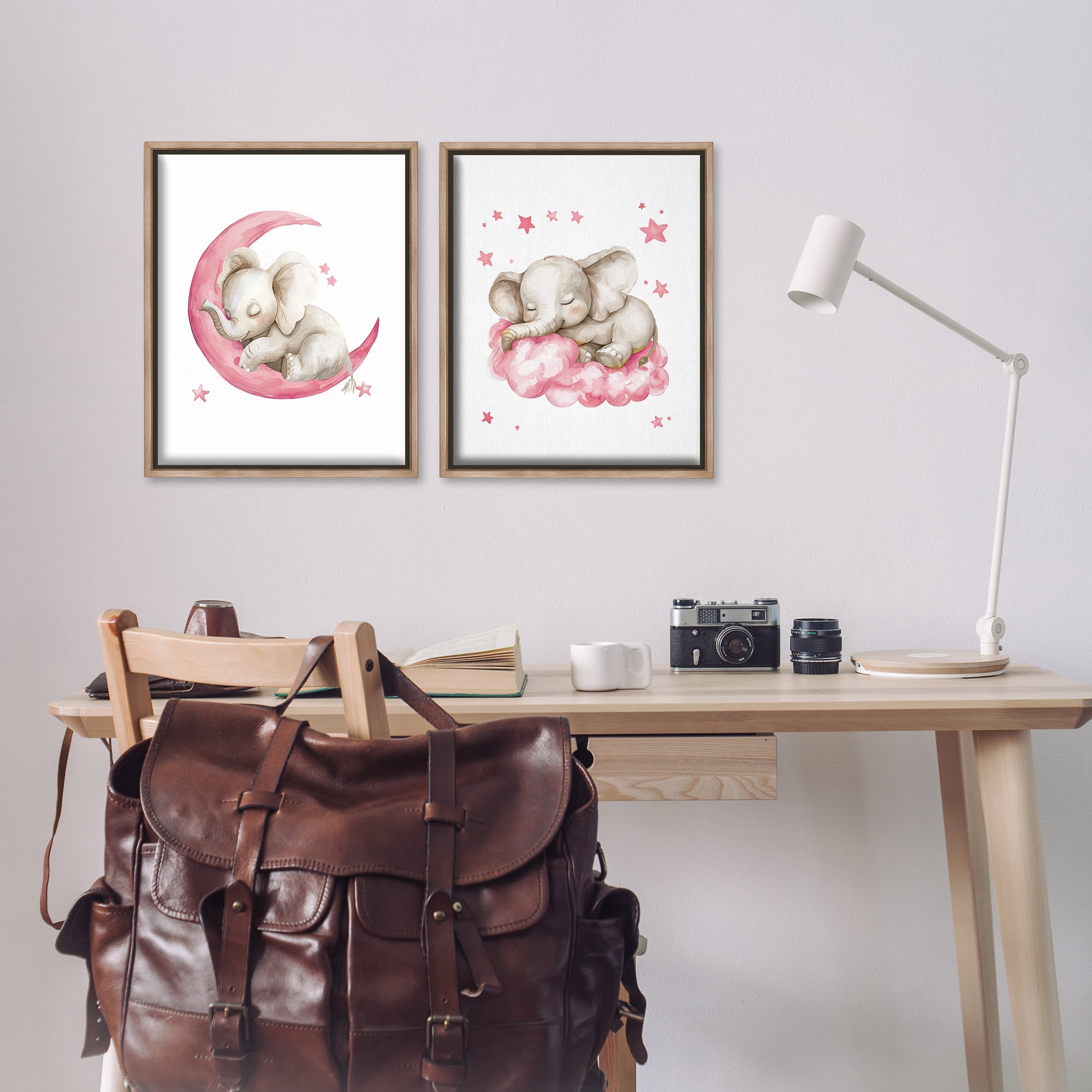 Stupell Industries Pink Sleepy Elephant Animals Painting Brown Floater Framed Canvas Art Print Wall Art, 17 x 21, Set of 2