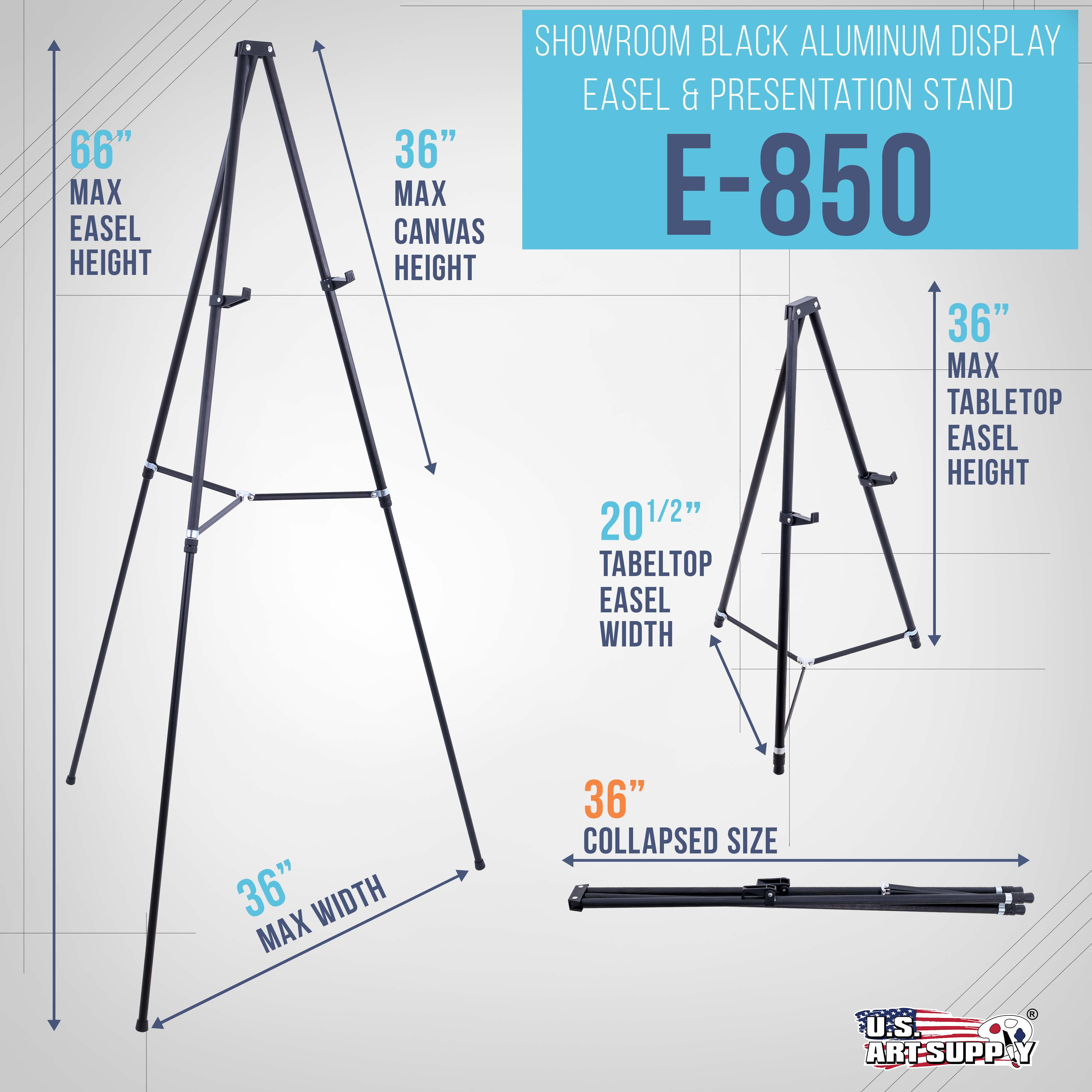 U.S. Art Supply 66" High Showroom Black Aluminum Display Easel and Presentation Stand, Adjustable Floor and Tabletop Use