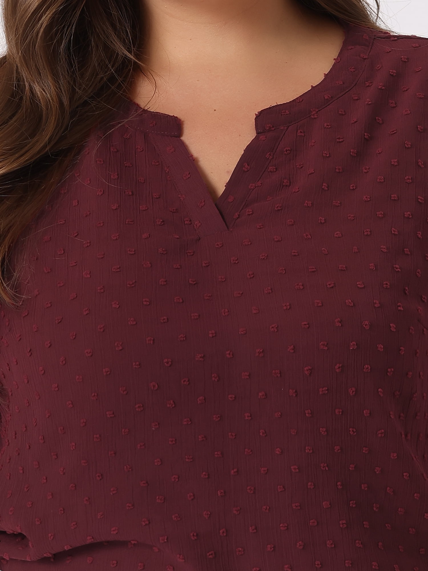 Unique Bargains Women's Plus Size Outfits Fashion Solid Pin Dots V Neck Top 1X Burgundy