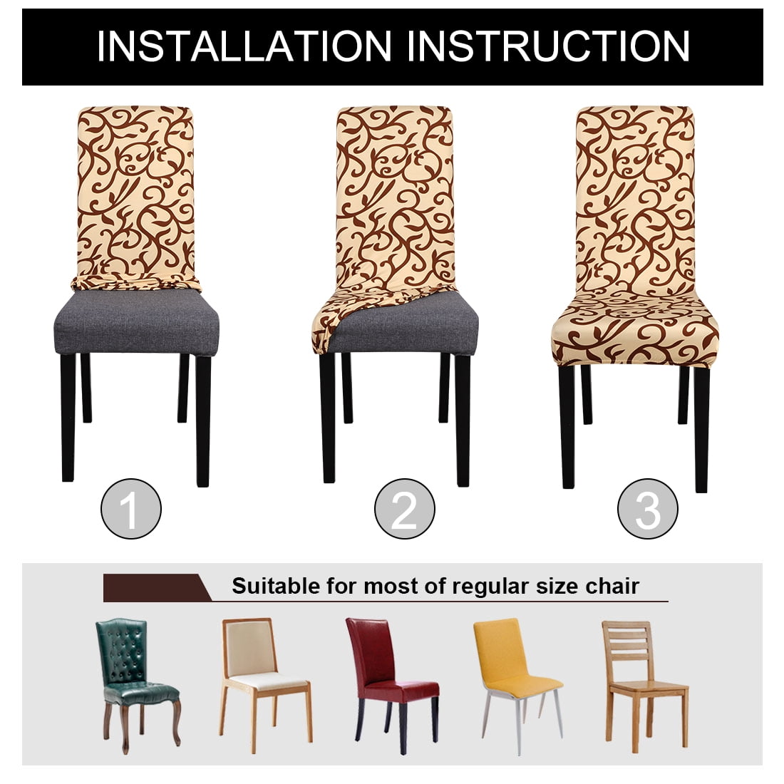 Unique Bargains 4pcs Stretch Slipcovers Floral Removable Dining Room Seat Chair Cover Champagne and Coffee Color