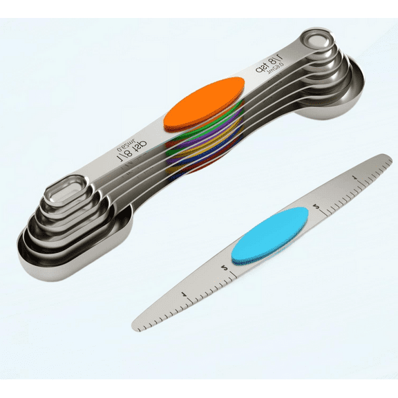 Magnetic Measuring Spoons Set,18/8 Stainless Steel with Upgraded Extend Handle, Dual Sided, Stackable, Adjustable Teaspoon and Tablespoon Kitchen Gadgets Set of 7