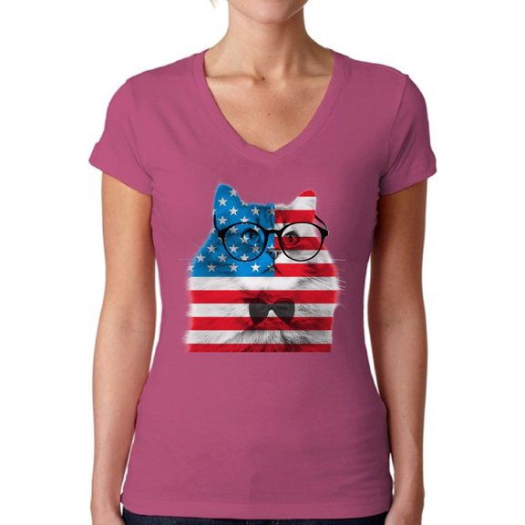 Awkward Styles Women's American Flag Cat V-neck T-shirt USA Flag Cat Independence Day 4th of July