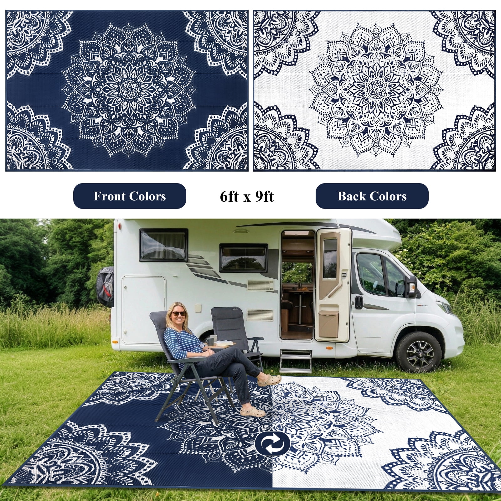 Findosom 6'x9' Outdoor Rug Large Patios Rug RV Outdoor Rug Waterproof Foldable Portable Camping Rugs Reversible Plastic Straw Rug Outdoor Area Rug for Camping, RV, Balcony, Patio, Picnic, Beach Blue