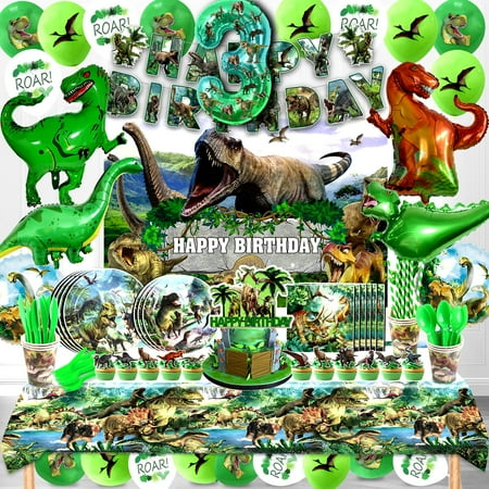 Dinosaur Birthday Decorations, PriNst Dinosaur Birthday Party Supplies&Decorations 3 Theme Party Decoration Set Include Banner Tablecloth Balloons Cake Toppers Plate Napkin for Kids Party