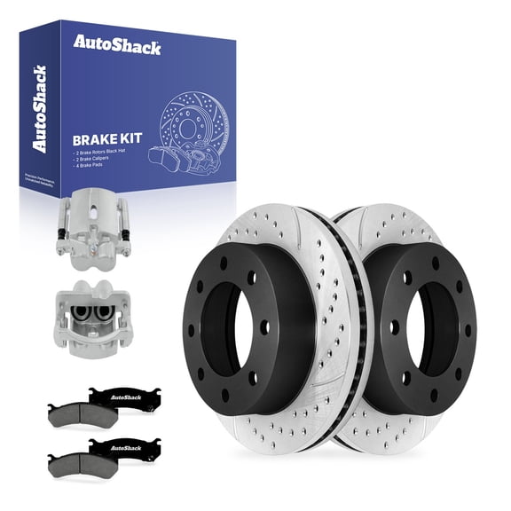 AutoShack Front Vented Drilled & Slotted E-Coated Brake Rotors   Premium Ceramic Pads   Calipers 8-PC Brake Kit Replacement for 2007 GMC Sierra 1500 Classic ShadowGuard 12.8" (325 mm)