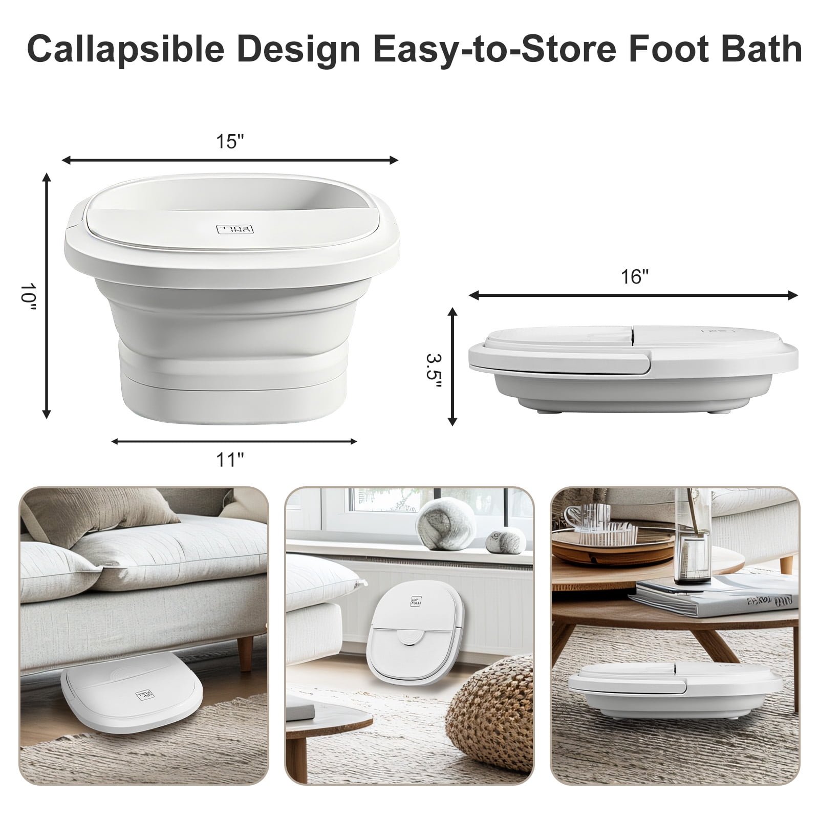 UNIFULL Foot Spa Bath with Heat and Temperature Control, Massager Roller, Bubble, Remote Control, Pedicure Kit, Red Light, Large Heating Foot Bath-White