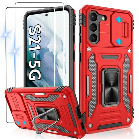 Atump for Galaxy S21 Case with 2Pcs HD Screen Protector, Military Grade Shockproof and Slide Camera Cover, 360° Rotated Ring Kickstand Protective Case for Samsung Galaxy S21,Red