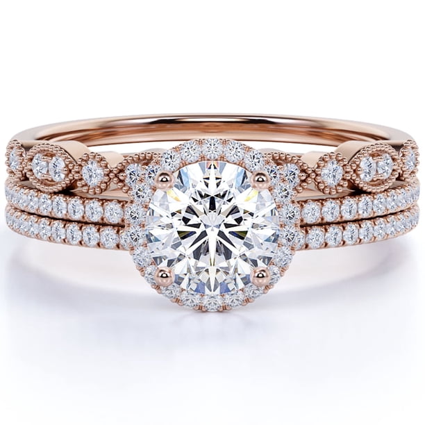 JeenMata Anillo de Bodas de Tres Diamantes y Moissanita de Corte Redondo Clásico de 1,5 Quilates Engastado en Oro Rosa de 10 K