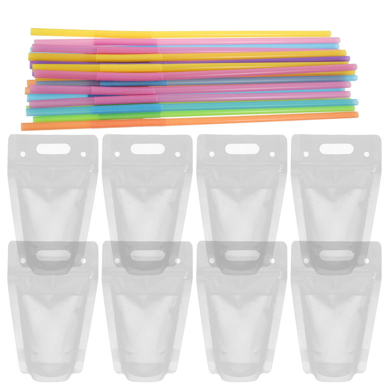 100x Hand-Held Zipper Drink Bag Clear Stand-Up Plastic Pouches Bag with  Straws