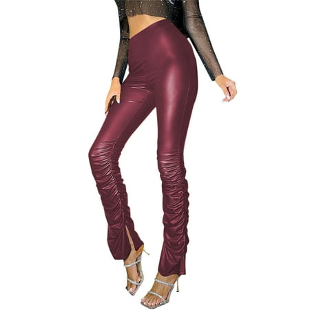 ASEIDFNSA Womens Leather Pants Straight Leather Lingerie Womens High Waisted Slim Leather Pants Casual Stretch Trousers Leather Pants Side Slit Elastic Gather Hem