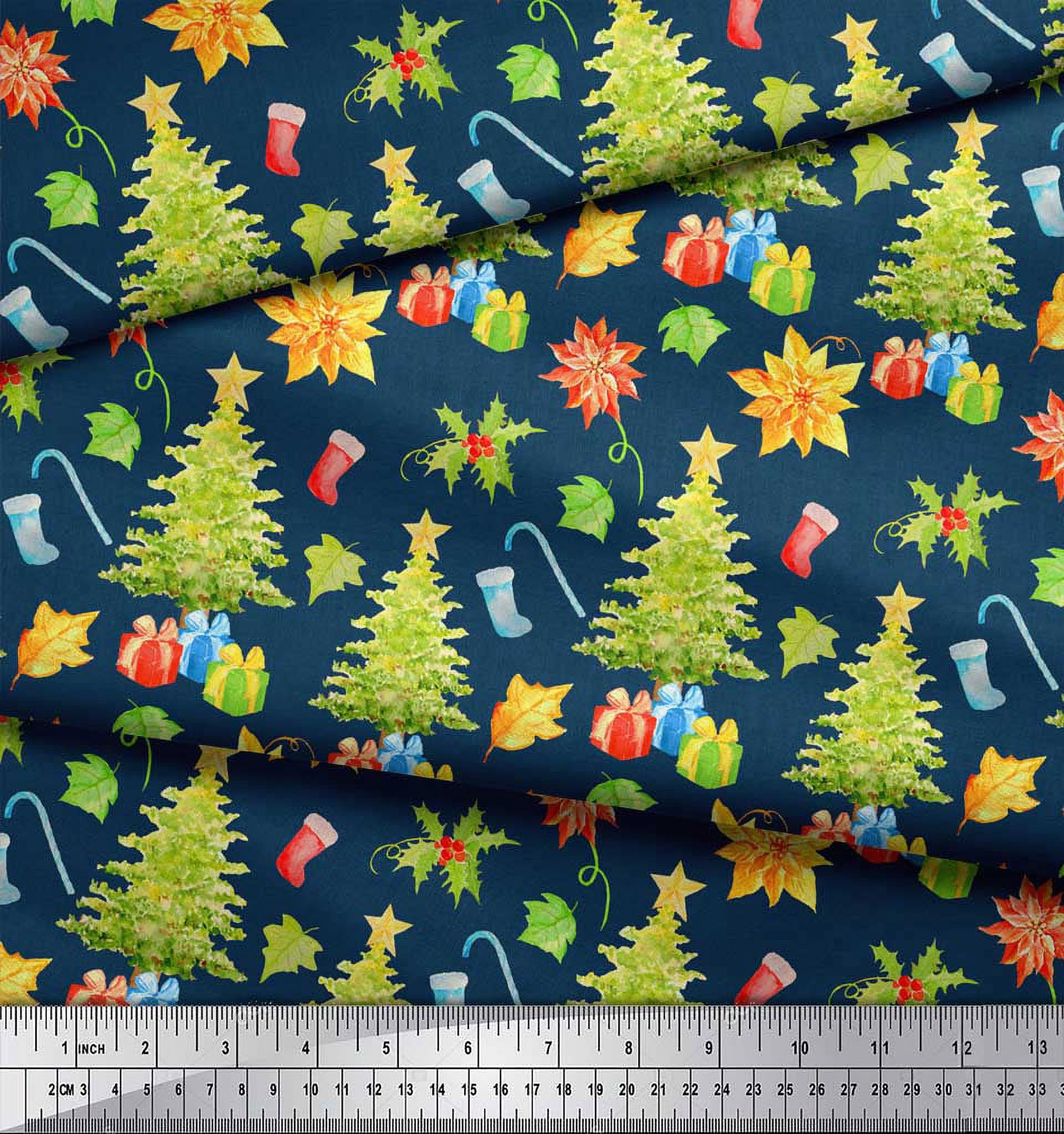 Soimoi Blue polyester Crepe Fabric Gifts & Christmas Tree Fabric Prints By Yard 42 Inch Wide