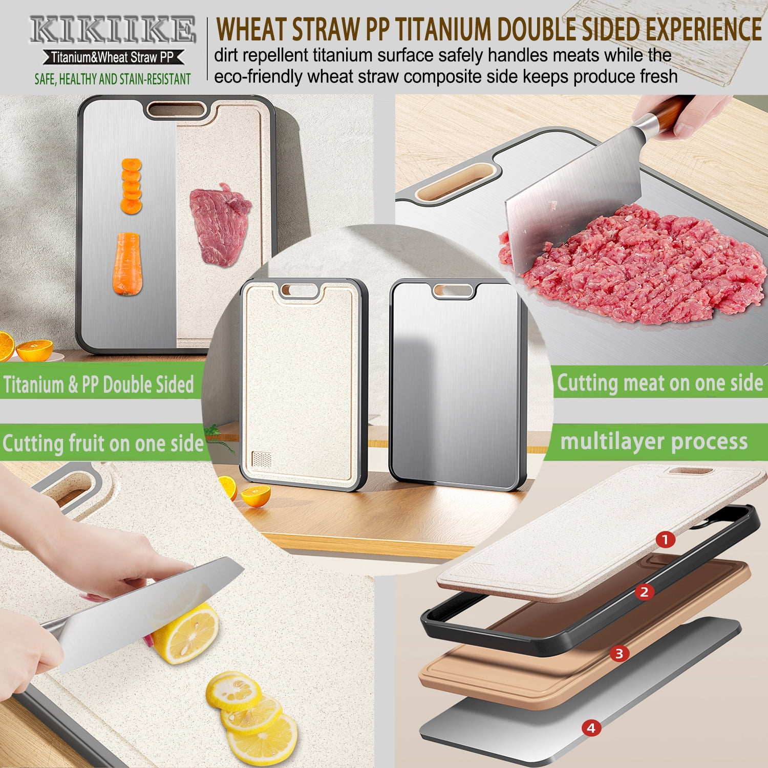 Titanium Cutting Board Double Sided Pure Titanium Cutting Boards for Kitchen, titanium & Wheat Straw PP Food Grade metal cutting board, Non-slip durable and easy to clean