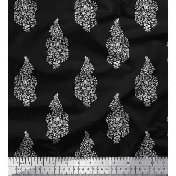 Soimoi Crepe Silk Fabric Leaves & Floral Block Printed Fabric 1 Yard 42 Inch Wide