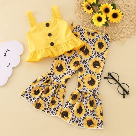 

MANHUJI Toddler Kids Baby Girls Sleeveless Strap Button Vest Tops Sunflower Leopard Print Flare Pants Bell Bottoms 2Pcs Outfits Clothes Set Girls Clothes (Yellow 110)