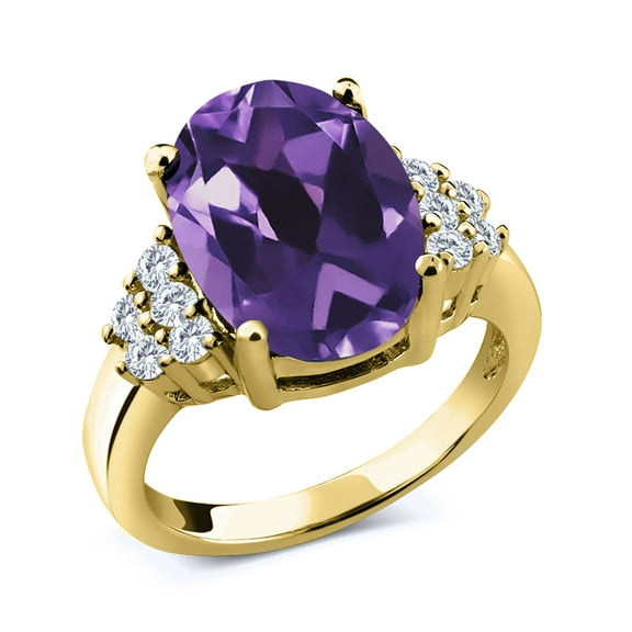 Gem Stone King 18K Yellow Gold Plated Silver Ring Oval Purple Amethyst and Moissanite (7.38 Cttw, Size 5)