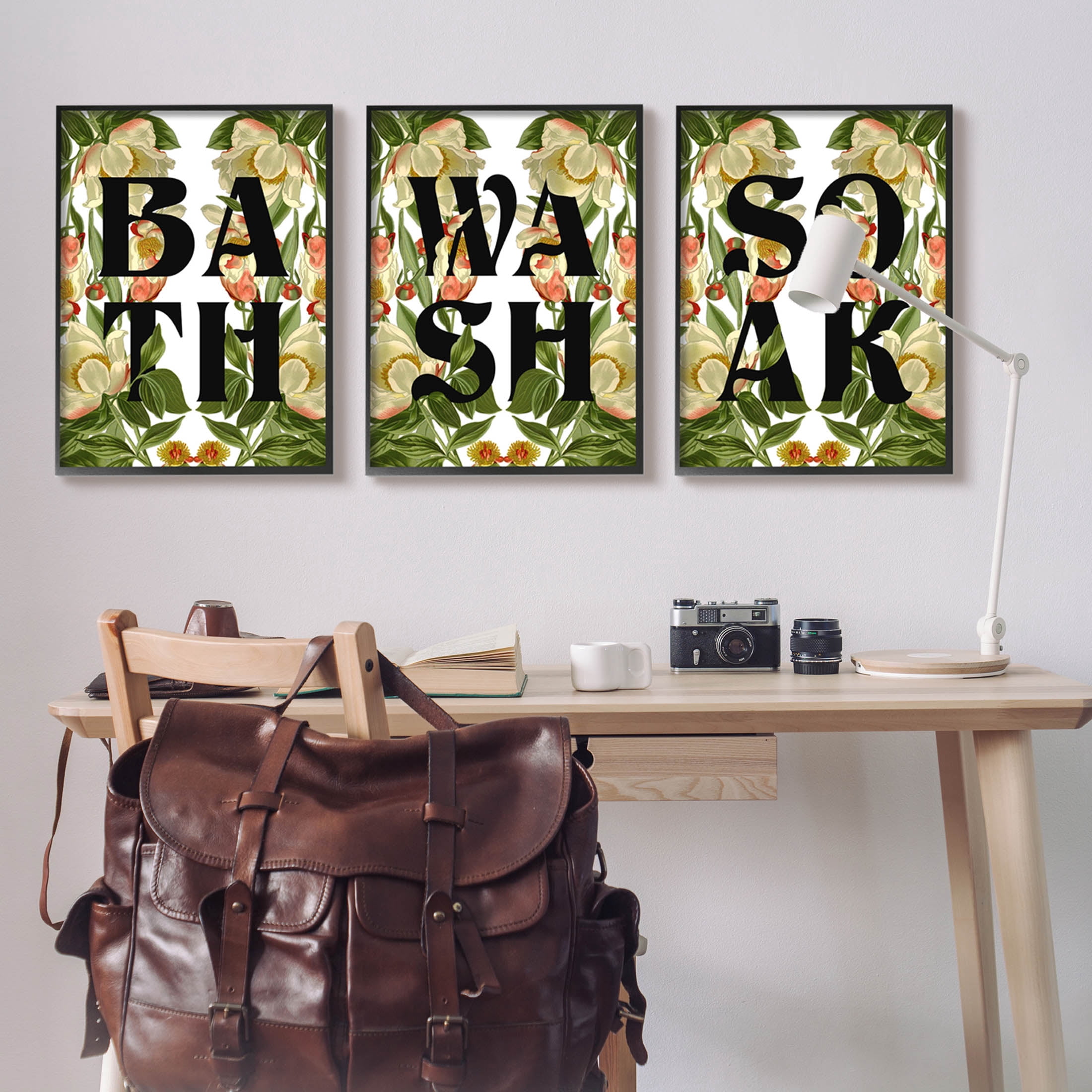Bath Wash Soak Floral Bathroom Botanical & Floral Graphic Art Black Framed Art Print Wall Art, Set of 3