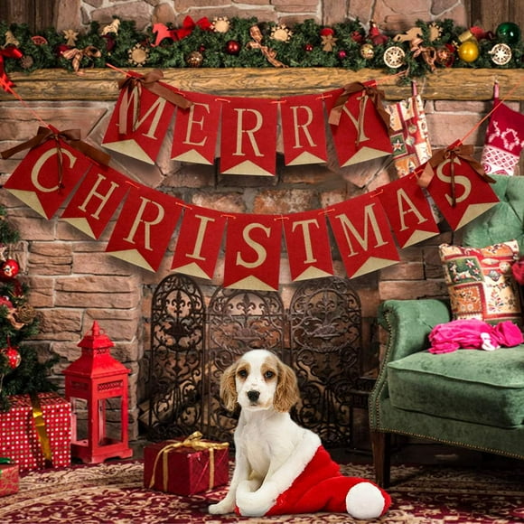 Merry Christmas Banner, Burlap Banner Merry Christmas Banner Decoration for Fireplace Wall Tree Hanging Ribbon (Banner)Holiday Wedding Gifts Xmas Party Decor