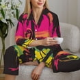 thumbnail image 6 of KLL Flamingo And Palm Trees At Sunset Print Women's Long Sleeve Pajamas with Pants Sleepwear Loungewear 2 Set-Medium, 6 of 8