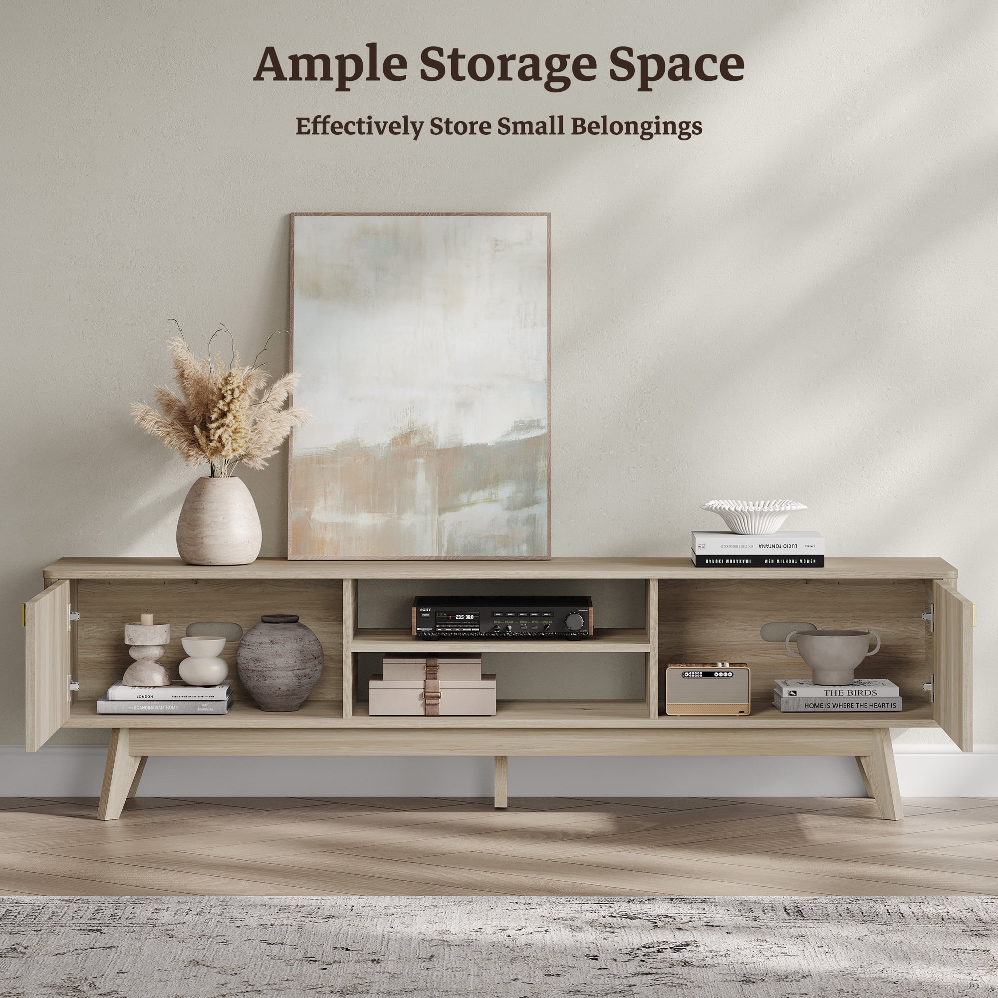SICOTAS 70.1" Extra Long Modern TV Stand, Minimalist Console Table with 2 Fluted Doors, 3-Tier Storage Shelves, Long Entertainment Center for Living Room, Rustic Oak