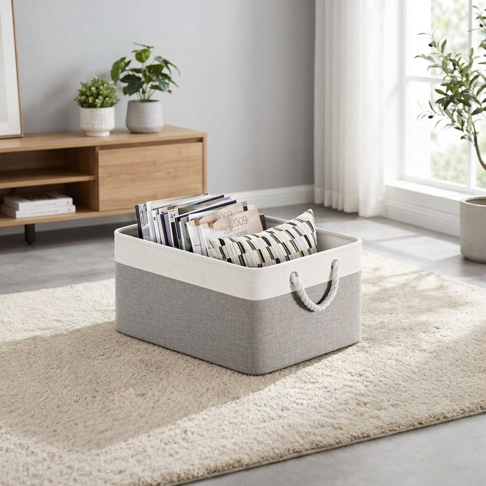 Fenbeli Fabric Storage Baskets Set of 4 Foldable Storage Bins with Cotton Rope Handles for Shelf and Closet, grey and white