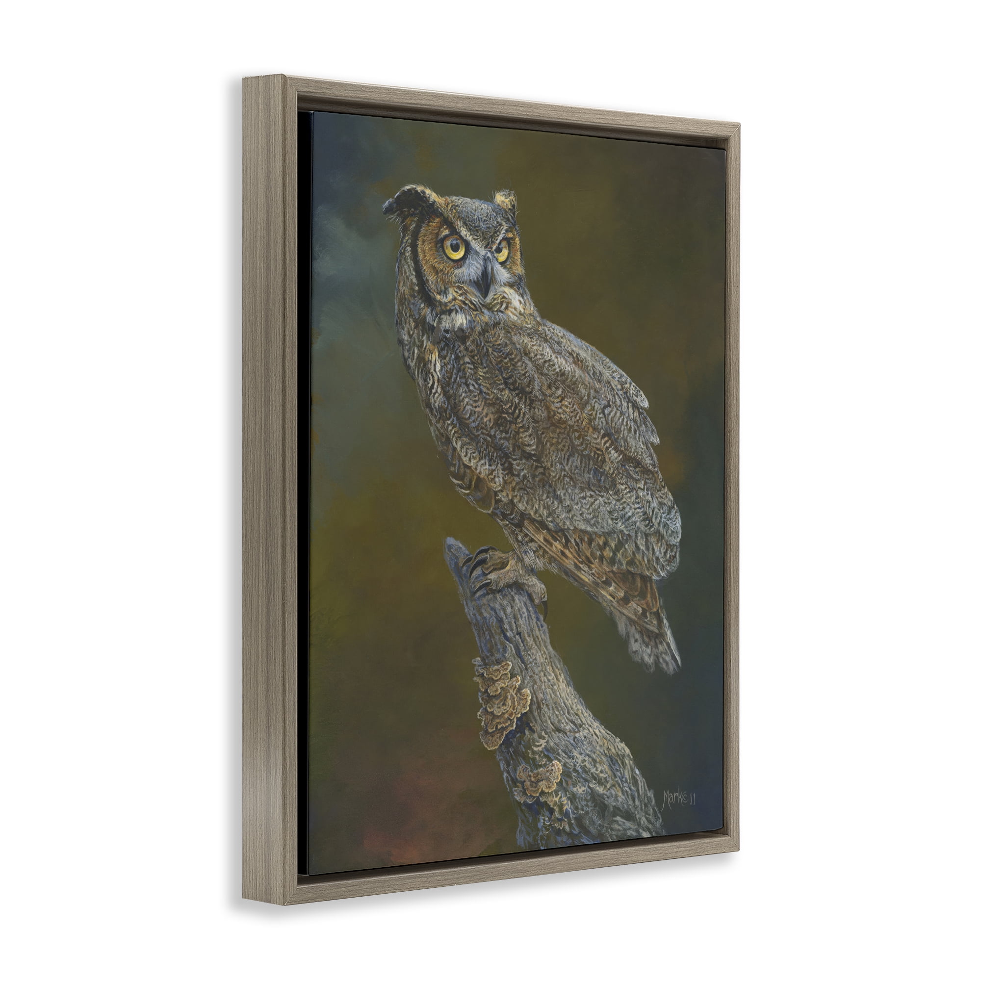 Stupell Industries Great Horned Owl on Branch Animals Painting Brown Floater Framed Canvas Art Print Wall Art, 17 x 21