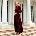 thumbnail image 3 of Women'S Elegant Velvet Belted Pleated Long Sleeve Party Formal Wedding Guest A-Line Maxi Long Dress Dark Red L, 3 of 7