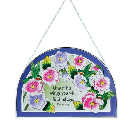 Handcrafted Stained Glass Suncatcher Under His Wings Suncatcher - Stained Glass Hummingbirds and Floral Religious Decoration for Outdoor or Indoor ()