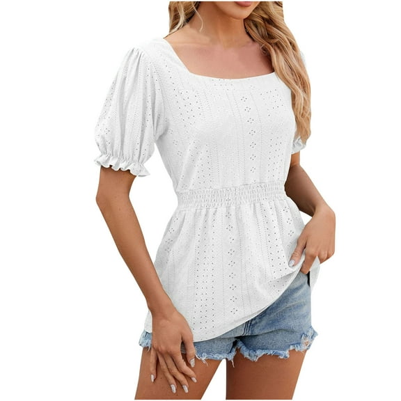 Diufon Women's Puff Short Sleeve T Shirts Summer Square Neck Elastic Waist Blouse Solid Color Tops