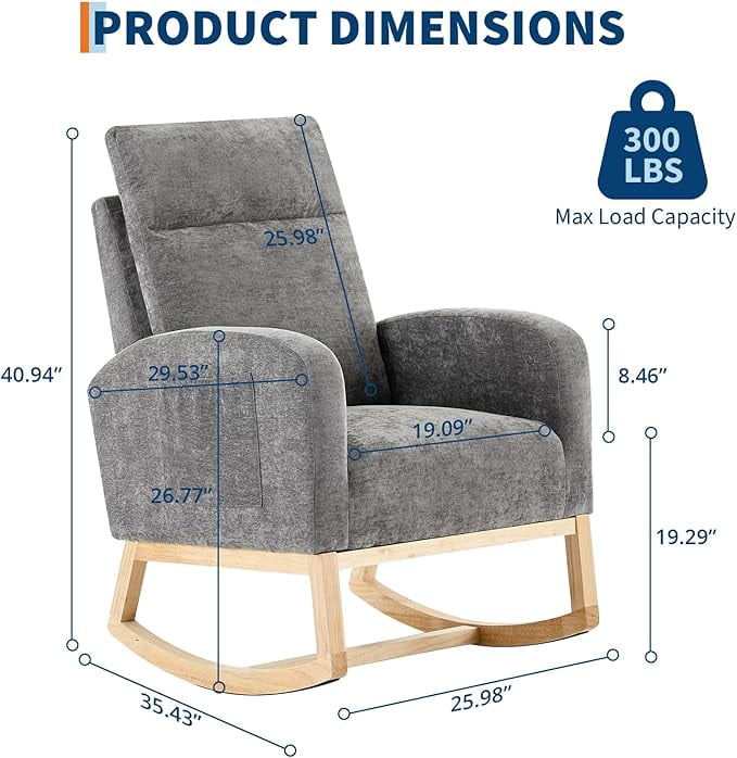 Leather Glider Chair, Modern Rocking Chair, Nursery Faux Leather Glider Chair with Rubber Wood Legs and Side Pocket, Rocking Accent Armchair for Living Room, Bedroom, Dark gray