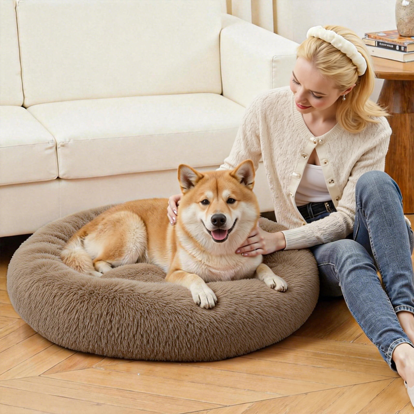 Vaukki 36"Dog Bed with Non Slip Bottom,Soft Warm Faux Fur Pet Bed,Comfortable Donut Round Plush Dog and Cats Beds,Brown