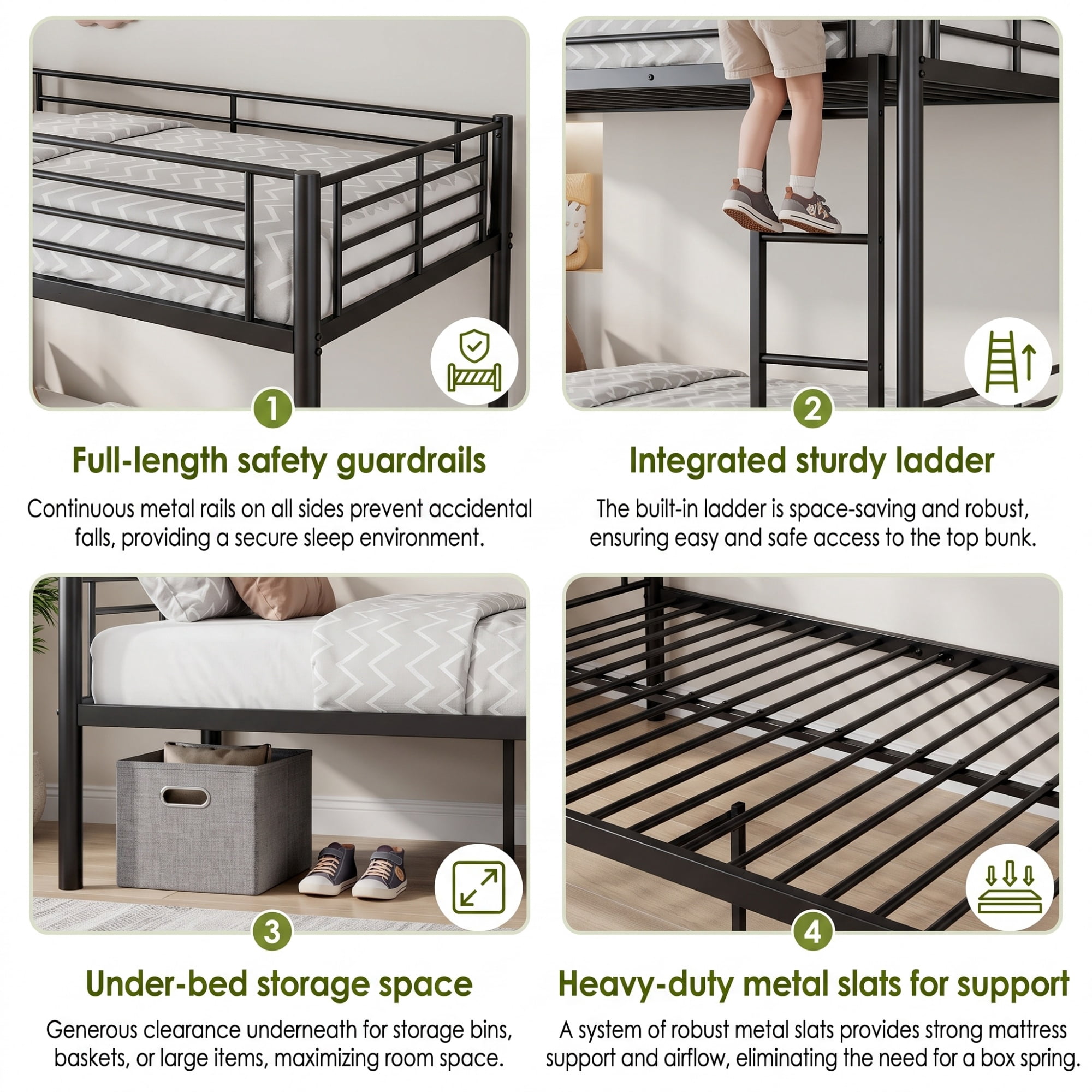 GARITIN Triple Bunk Bed for 3 People Twin XL Over Twin Size, Sturdy Metal Frame with Full Guardrail, Includes Ladder and Storage Shelf, Space Saving Bedroom Furniture, Black