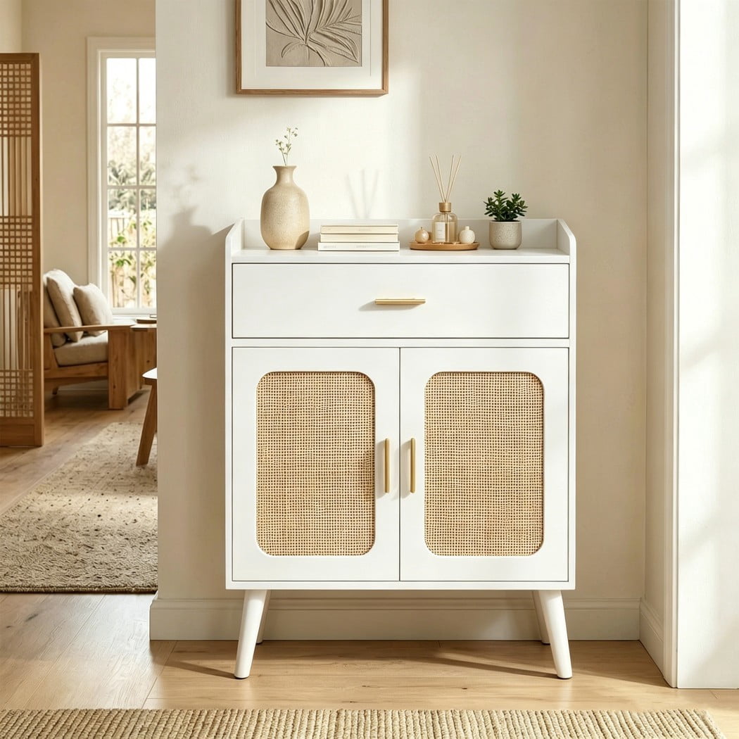 Farmhouse Buffet Cabinet, Kitchen Storage Cabinet with 1 Drawer & 2 Doors, Sideboard Cabinet with Solid Wood Feet for Dining Room, Living Room & Entryway, White