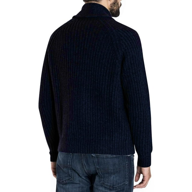 cárdigan de manga larga de color sólido con cuello de traje de suéter de punto para hombre Azul oscuro — vista trasera 3/4 de un cárdigan acanalado de punto, corte recto hasta la cadera, mangas largas raglán y puños ajustados sobre jeans; fondo blanco neutro; a menudo se usa como capa ligera para otoño e invierno.