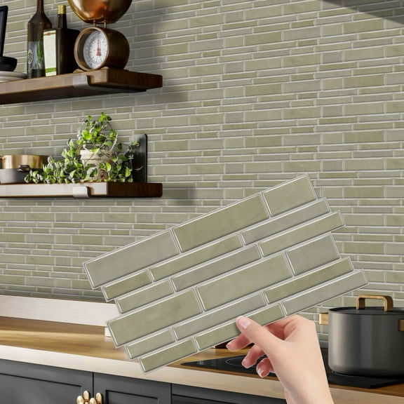 12Piece Green Gray Marbling Kitchen Backsplash Tiles Stickers Wall Decals 4.72 x 9.68inch Mosaic Brick DIY Decor Peel and Stick Tile