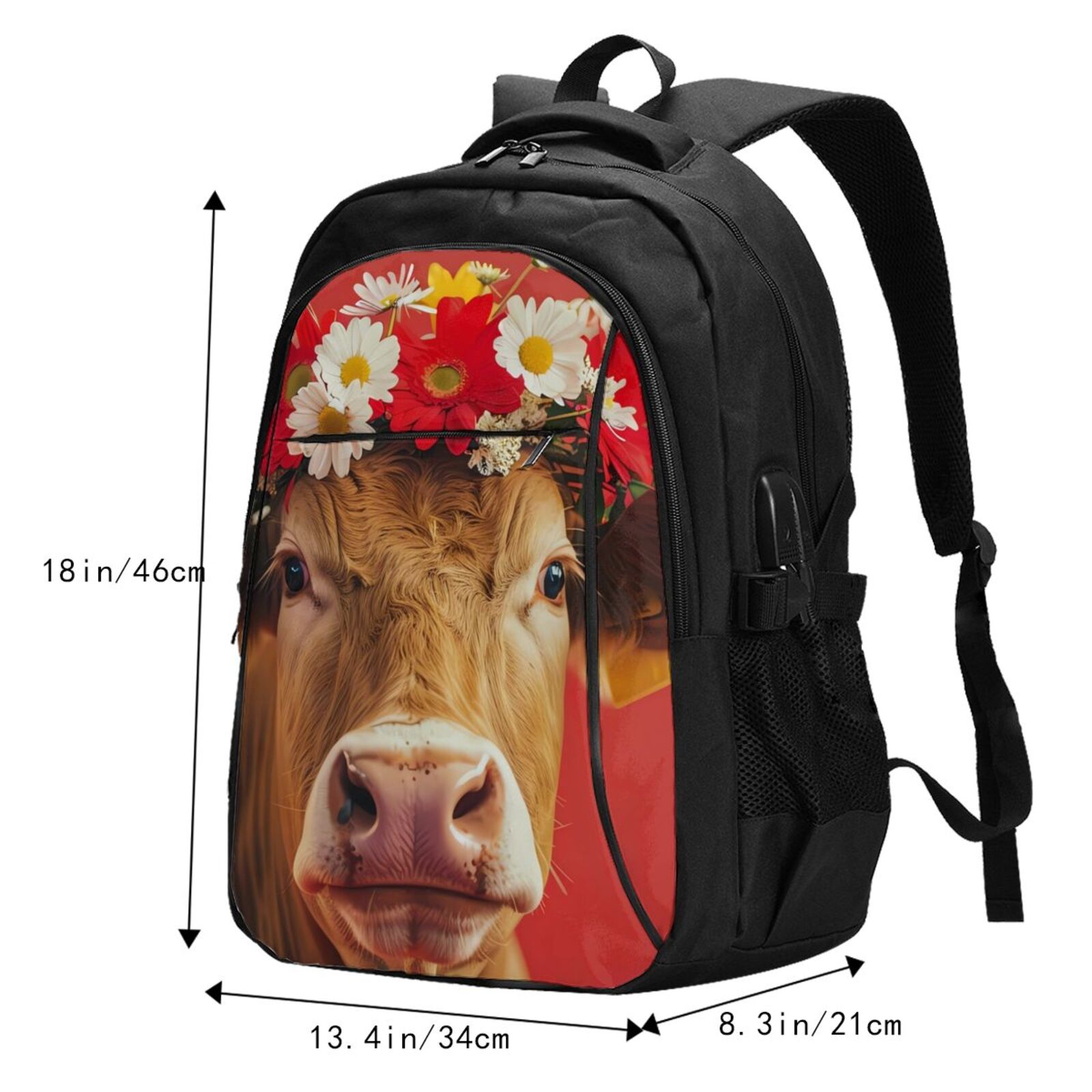 Vsdgher White And Red Daisy Cow Print Travel Laptop Backpack, Laptops Backpack with USB Charging Port, Water Resistant Computer Bag Gift for Men & Women