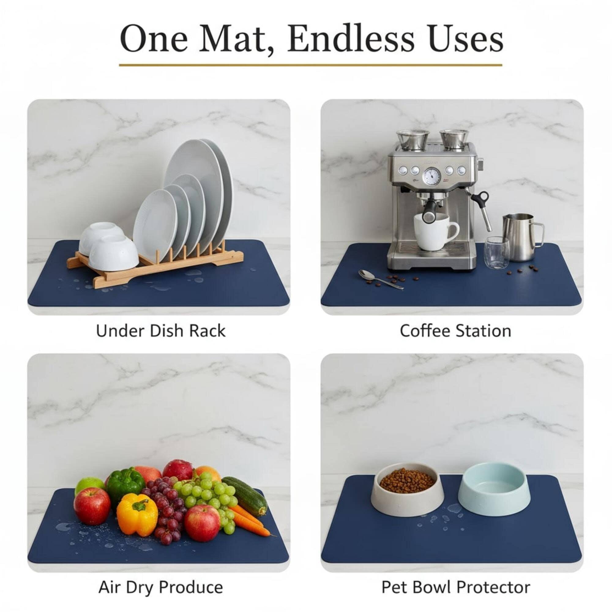 STRABELLA: Dish Drying Mat - 24x16", Navy Blue - Super Water Absorbent, Quick Dry Foam, Multi-Purpose, Kitchen Countertops, Non-Slip, Machine Washable