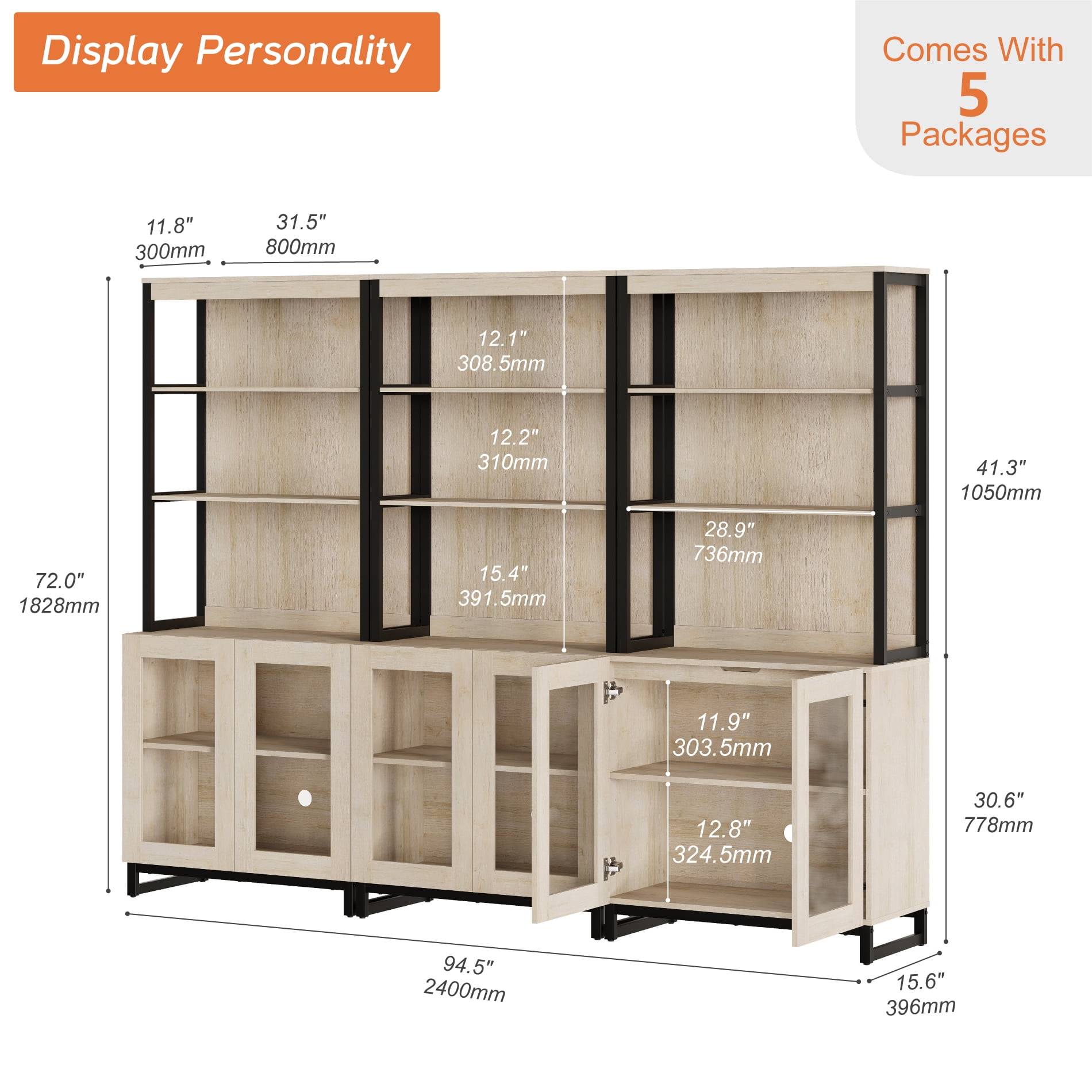 WAMPAT 3-Piece Modern 72" Tall Library Bookcases with Glass Doors & Adjustable Shelves, Wood Bookshelves with Storage Cabinet & Open Shelves for Home Office & Living Room, Beige