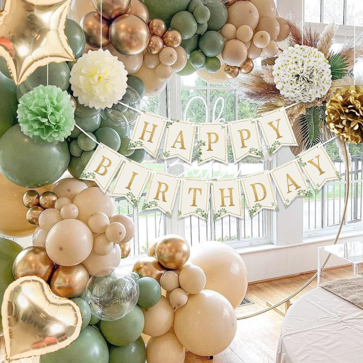Xugoox 52 Pcs 13th Birthday Decorations for Girls, Sage Green Birthday Decorations Kit with Happy Birthday Banner Sash Crown Tablecloth Fringe Curtain Green Balloons for 13 Year Old Party Decor