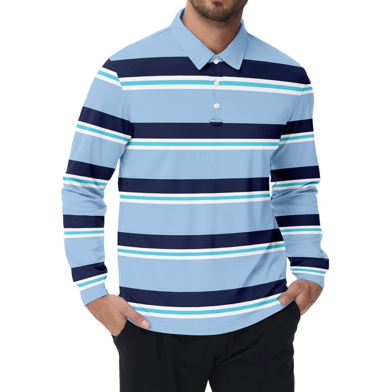Long Sleeve Polo Shirts for Men Striped Casual Button Down Lapel