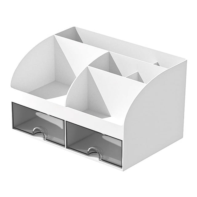 Organizador de Escritorio-Organizador de Oficina con 6 Compartimentos y 2 Cajones PequeñOs, Caja de Almacenamiento de Escritorio para PortaláPices, Remoto Blanco