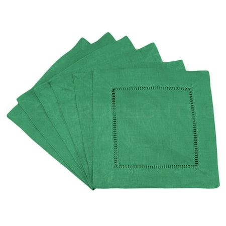 CleverDelights 6" Green Linen Hemstitch Cocktail Napkins - 12 Pack - 100% Linen Cloth Napkin