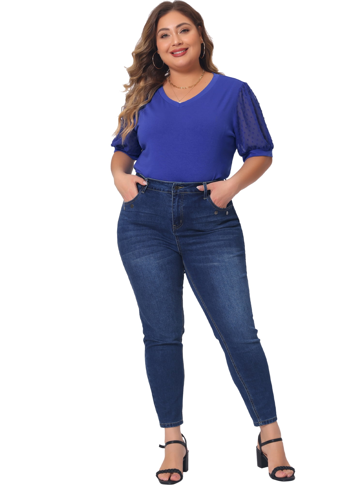 Women's Plus Tops V Neck Swiss Dots Puff Sleeve Casual Blouse Shirt 3X Blue