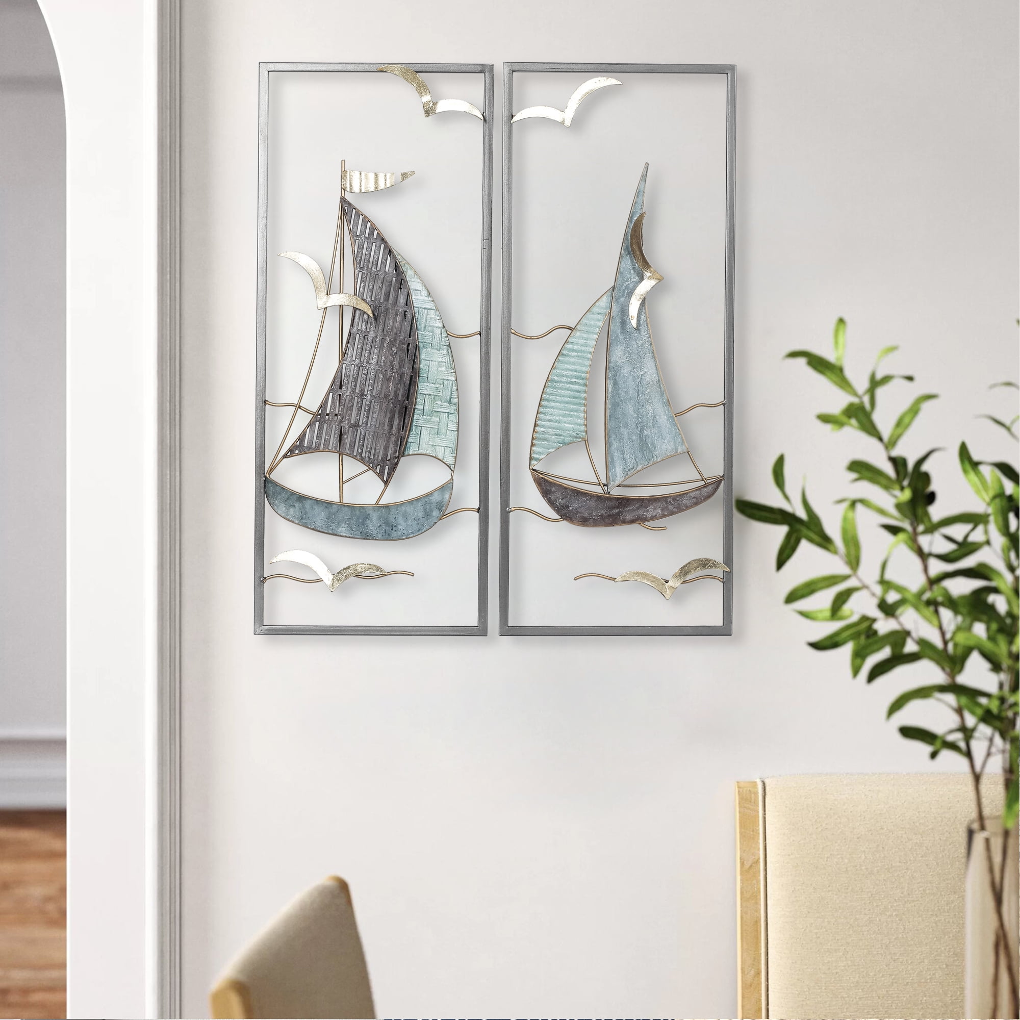 Homebeez Metal Sailboat Wall Decor, 3D Nautical Ship Wall Sculptures, Metal Sailing Boat Coastal