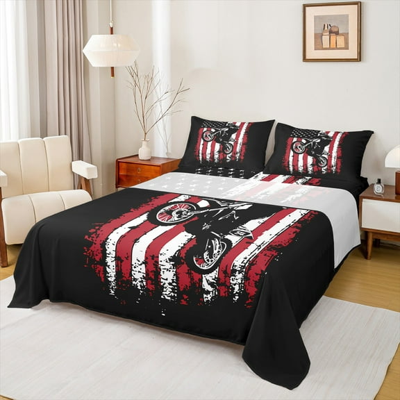 Manfei Teen Boys Dirt Bike Twin Sheet Sets 3pcs, Grunge USA Flag Twin Fitted Sheet, Extreme Sport Flat Sheet, Luxury Bedroom Decor