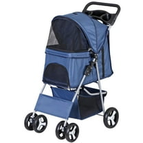 Pet Stroller 4 Wheels Dog Cat Stroller for Small Medium Dog Cats Carrier Jogger Travel Foldable Puppy Stroller with Storage Basket and Cup Holder (Navy Blue)