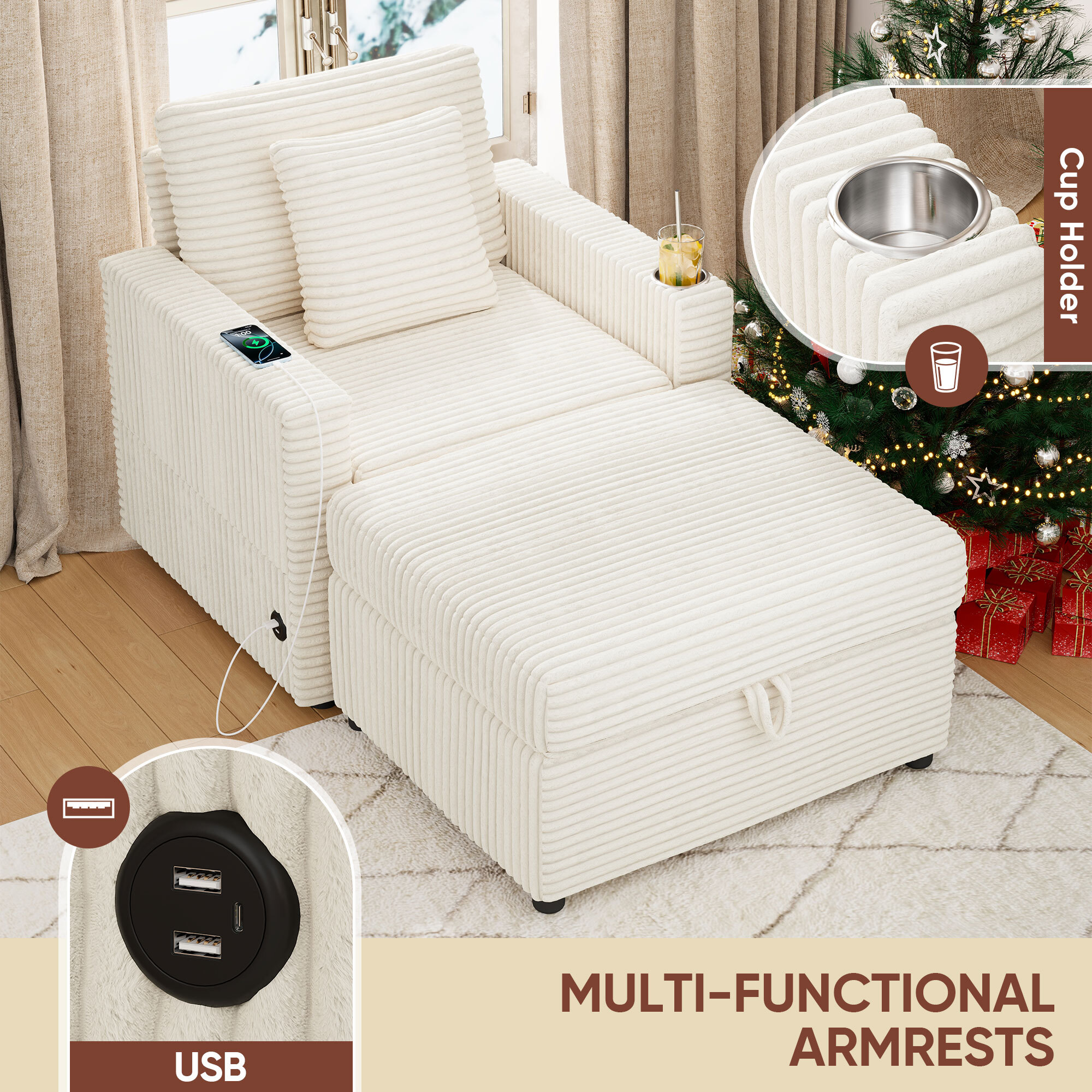 Lunale Accent Chair with Storage Ottoman, Indoor Lounge Chair with USB & Table Board, Cozy Corduroy Sofa Armchair for Living Room, White